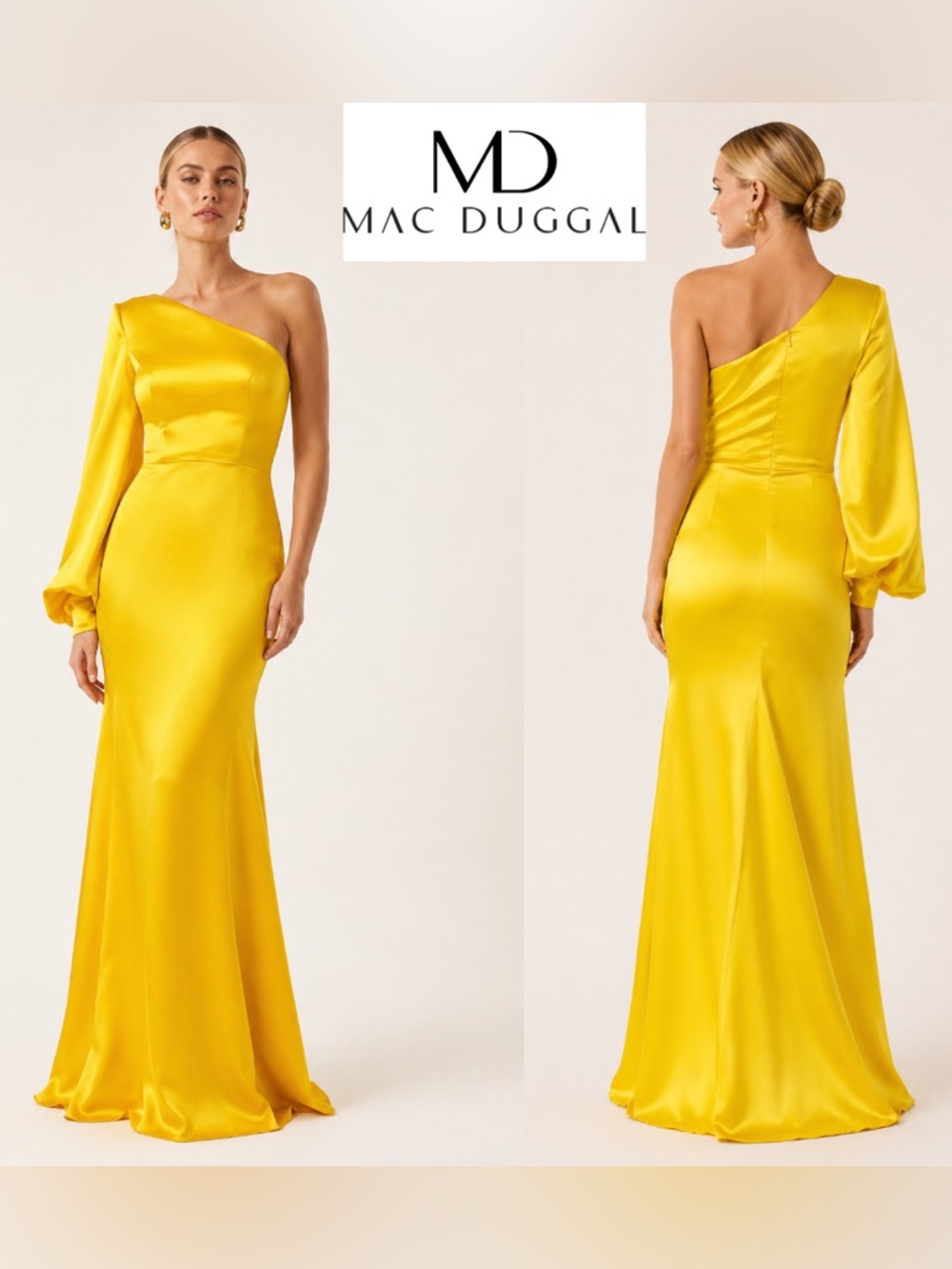 IEENA MAC DUGGAL One Shoulder Long Sleeve Satin Maxi Dress Yellow Trumpet Gown 0